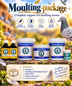 Pigeon Vitality Moulting Package: 2 x Omega-3 500 ml, Moulting and Breeding Powder, MultiViTra, Natural Dewormer and ProGut Forte